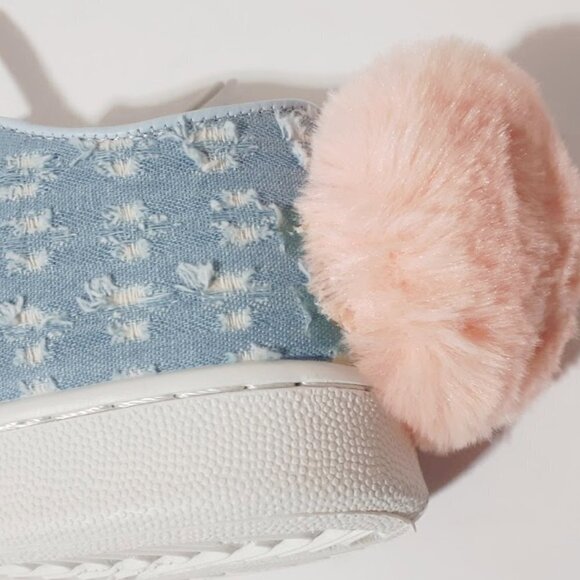 NWT / NIB Qupid blue denim-like bunny ear lace up faux fur pom pom sneakers - Picture 14 of 14
